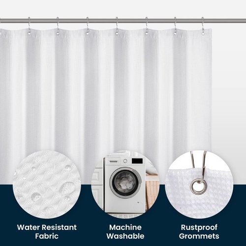 LiBa Waffle Weave Fabric White Shower Curtain, 72 W x 72 H Water Repellent & Heavyweight, Hotel Quality & Cloth Linen Shower Curtains Set and for Bathroom