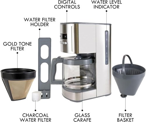 Koolatron Kenmore Elite 12-Cup Drip Coffee Maker - Programmable, Auto Shut-Off, Glass Pot, Reusable Filter