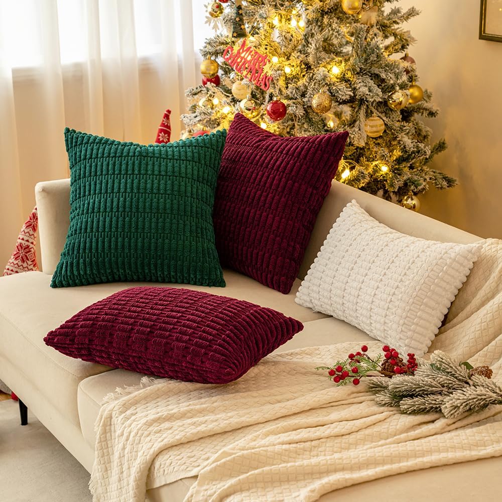 MIULEE Burgundy Corduroy Decorative Pillow Covers - Soft Boho Striped 18x18 Inch | Modern Farmhouse Home Decor