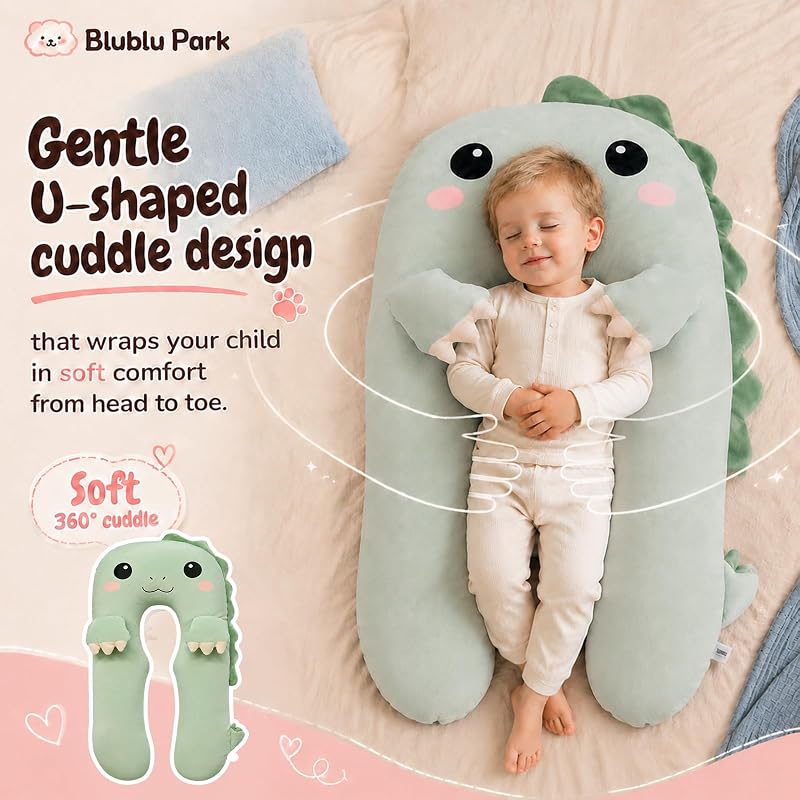 Green Dinosaur U Shaped Kids Body Pillow - Plush Toddler Comfort Pillow