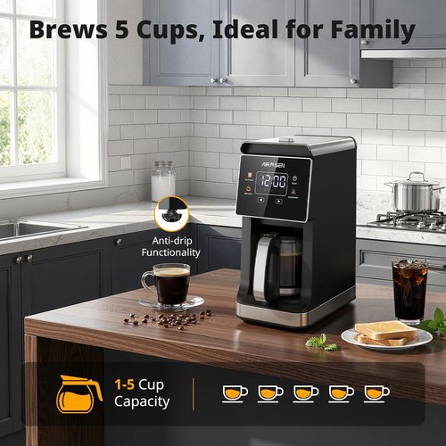 AIRMSEN Grind & Brew Coffee Maker - Programmable 5-Cup Capacity with Built-in Grinder & Auto Keep Warm
