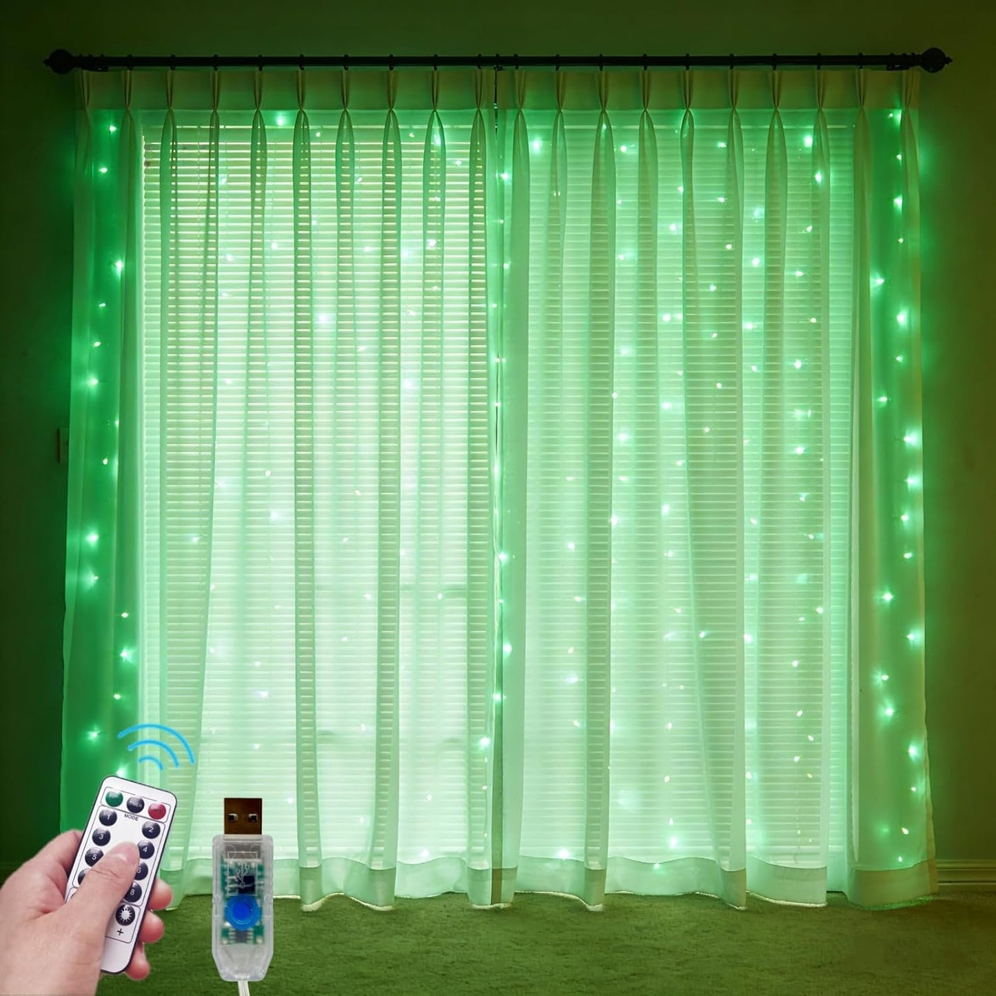 Skiennix 300 LED Fairy Curtain Lights - 9.8 x 9.8FT Green USB Plug with Remote & 8 Modes for Indoor/Outdoor Decor