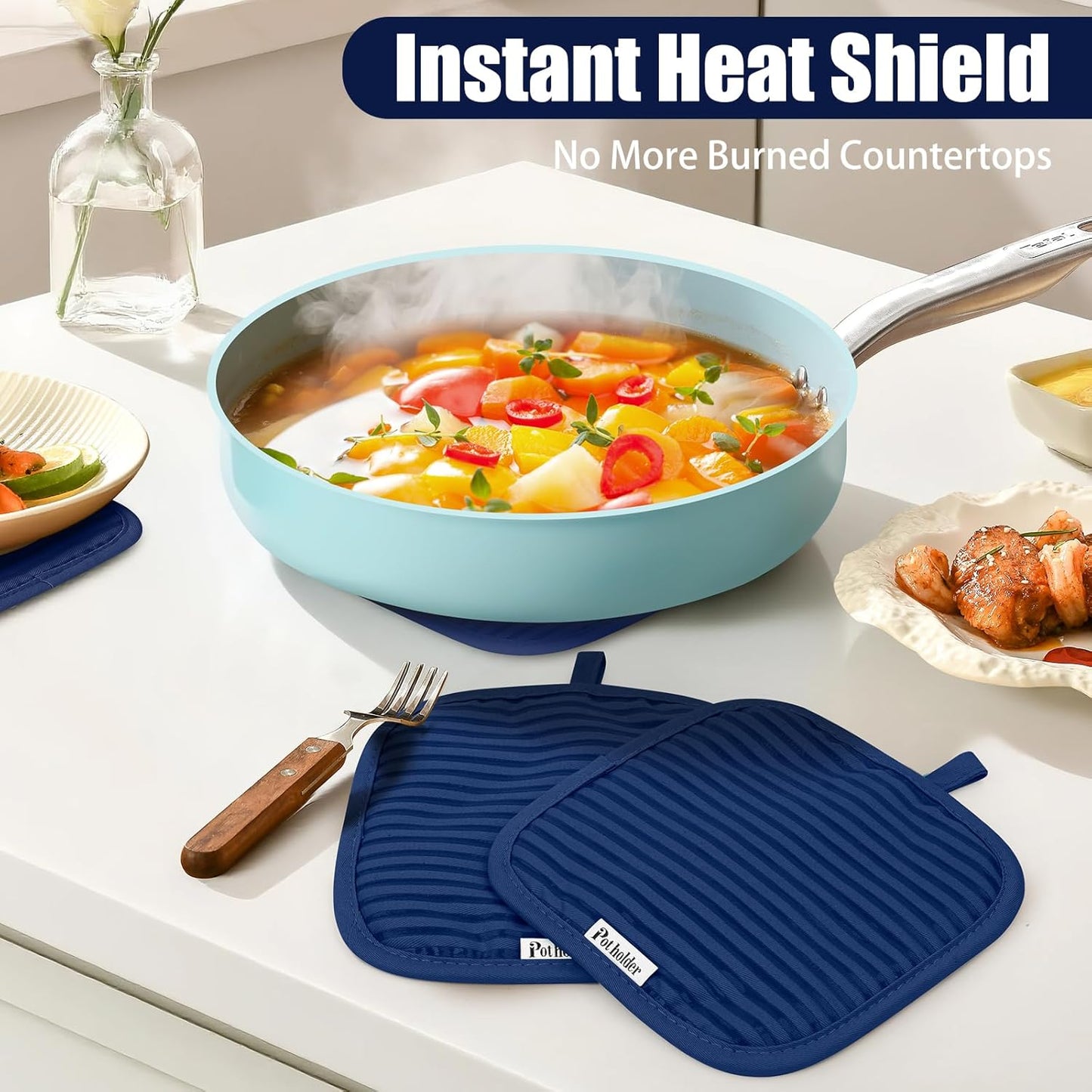 Skiennix Oven Mitts and Pot Holder Set - 500°F Heat Resistant Silicone Grip | 6 Pack Cotton Dish Towels - Marine Blue Kitchen Essentials