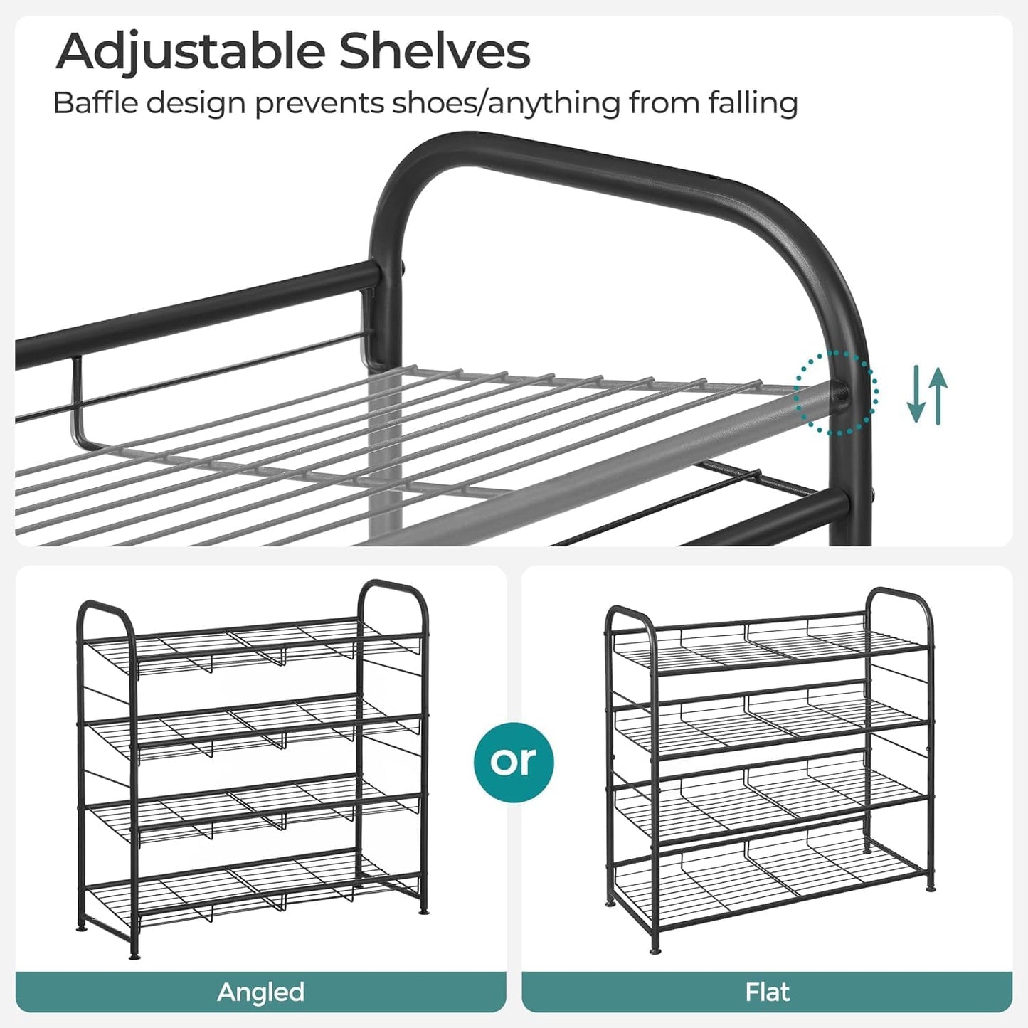 SONGMICS 4-Tier Shoe Rack - Stackable Metal Storage Shelf for 16 Pairs | Adjustable Slanted Design, Black