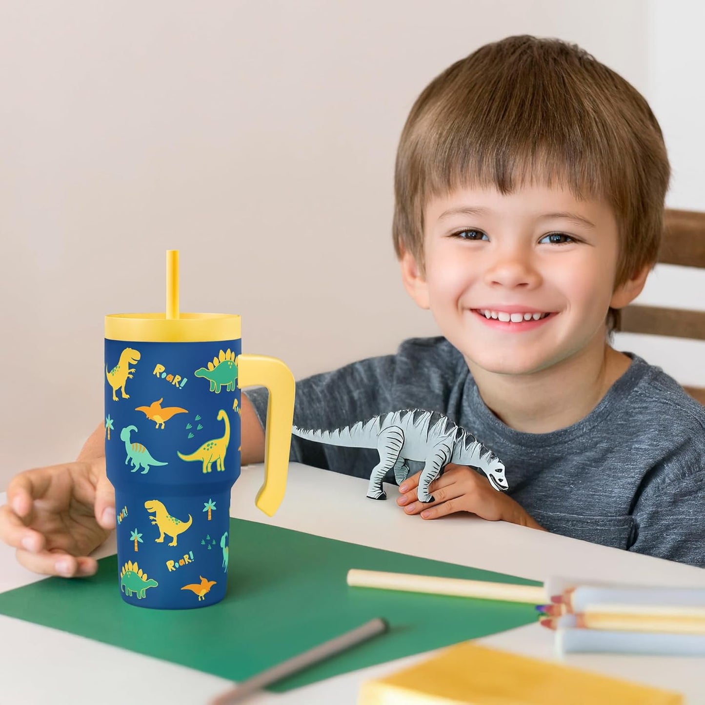 SANDJEST 20oz Dinosaur Tumbler - Insulated Stainless Steel Cup with Handle & Silicone Straw | Perfect Gift for Kids