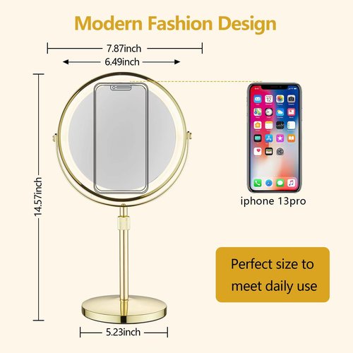 HIHIA Tabletop Makeup Mirror Lighted 8 Inch Double-Sided 7X Magnification, Height Adjustable Round Tabletop Mirror Tall, Height Adjustable Cosmetics Gold
