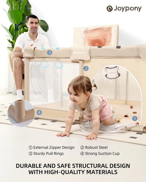 Joypony Baby Playpen - 50x50 Inch Indoor Play Yard with Gate & Soft Breathable Mesh (Beige)
