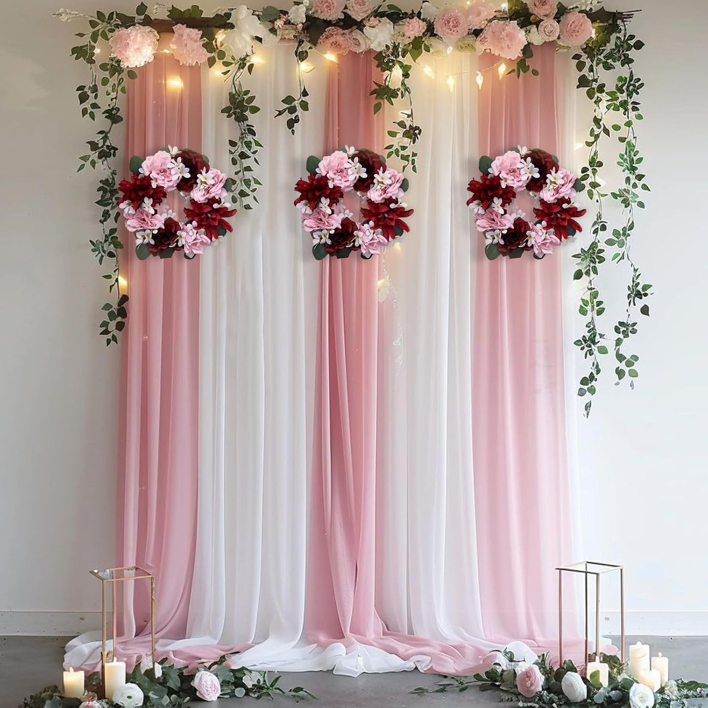 Skiennix Artificial Flower Candle Rings - 6-Inch Rose Floral Wreaths with Butterflies for Wedding Centerpieces | Burgundy & Pink (Set of 2)