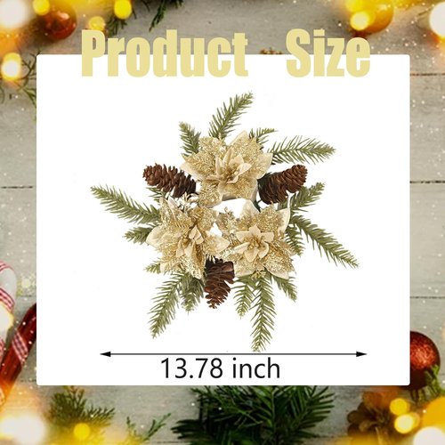 Christmas Candle Ring - Artificial Golden Flower & Pine Wreath for Holiday Table Centerpiece