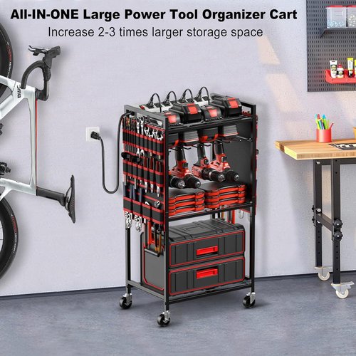 JUNNUJ Power Tool Organizer Cart - Heavy Duty Rolling Storage with Charging Station | Red