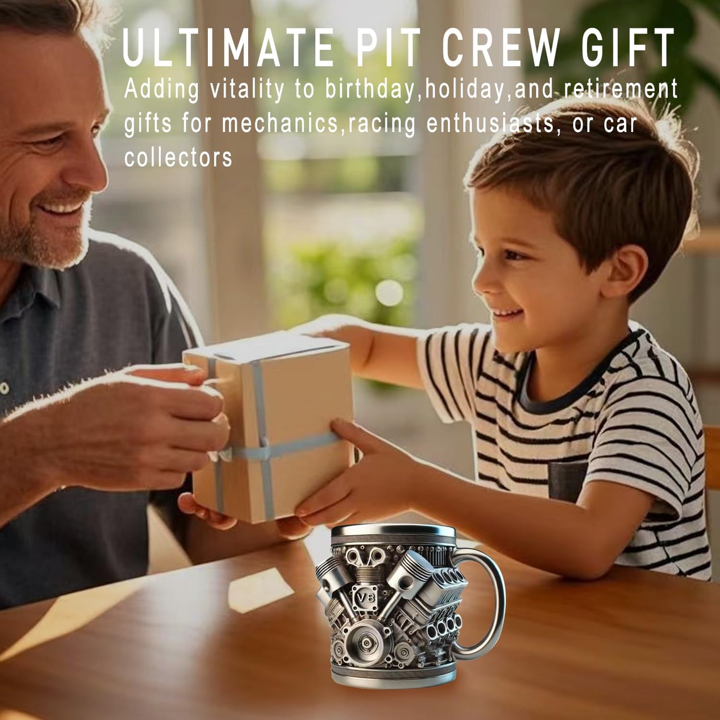 Personalized Stainless Steel Mug - V8 & V6 Engine Design,15oz Handcrafted Durable & Stylish, Perfect for Car Enthusiasts (V8)