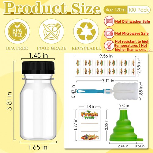 100 Pcs 4 oz Plastic Juice Shot Bottles with Caps, Clear Ginger Shots Bottles with Lids, Small Bottles for Liquids, 4 oz Plastic Reusable Leak Proof Mini Containers for Juice,Milk,Ginger,Whiskey,Water