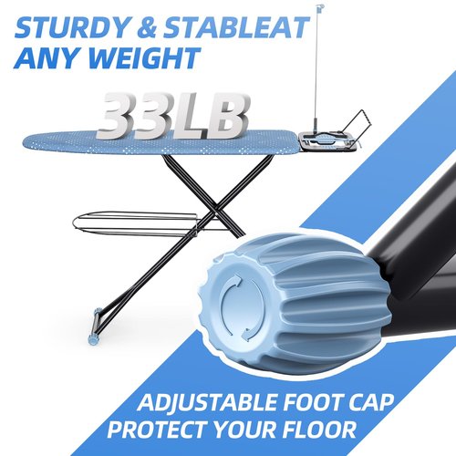 KINGBOARD Ironing Board, Compact Iron Board Full Size with Extra Thick Cover, 7 Adjustable Heights Stand with Hanger and Iron Rest, Large Heavy Duty Ironing Board with Storage Tray, 13x43 Blue