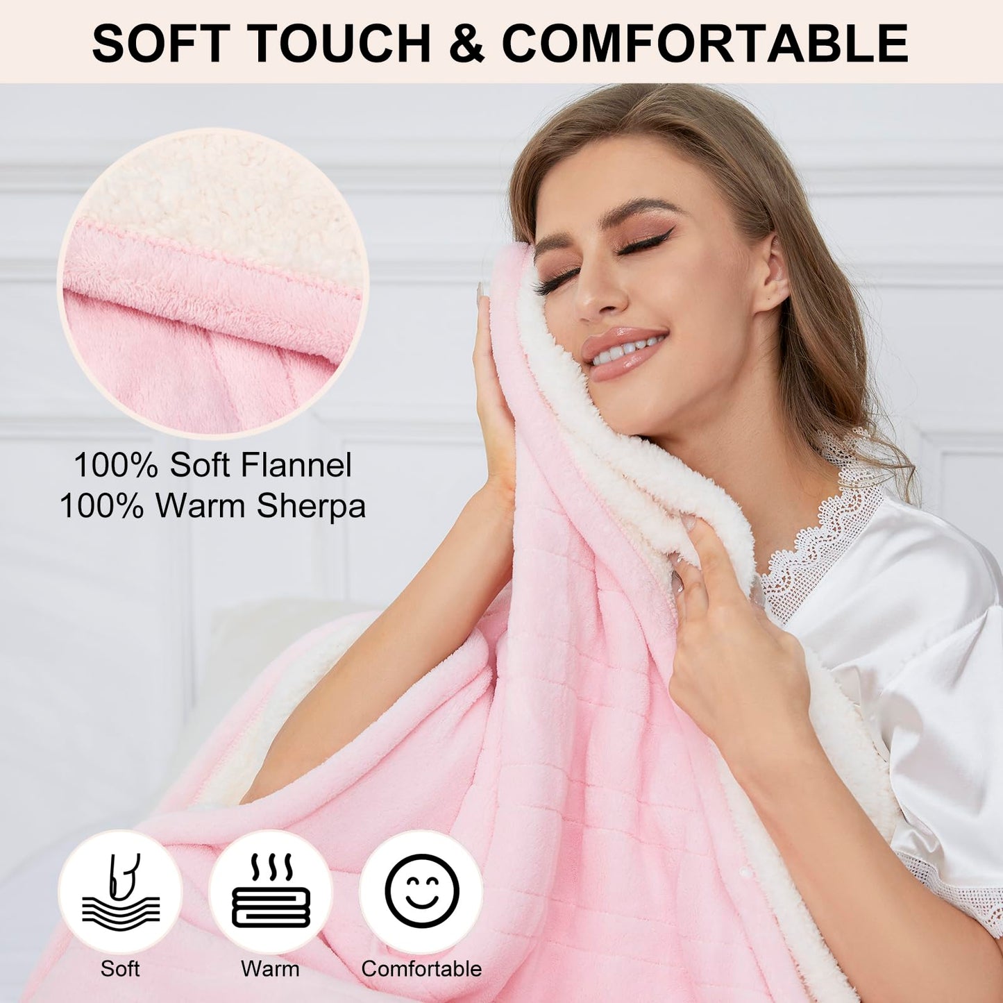 YANYEA Electric Heated Throw Blanket Sherpa 62"x84" Pink Machine Washable 6 Heat Settings 10 Hours Auto Off Overheat Protection for Home Office Use