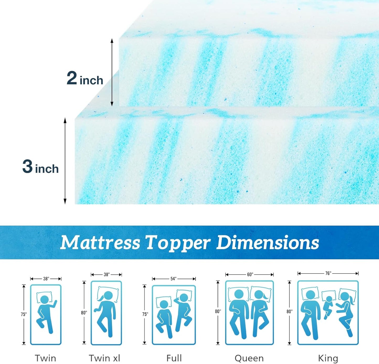 Skiennix Full Size Mattress Topper - 2 Inch Cooling Gel Infused Memory Foam for Back Pain Relief