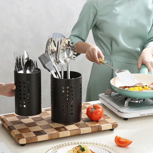 Berglander Kitchen Utensils Holder - Black Stainless Steel Cutlery Organizer for Farmhouse Style Countertops
