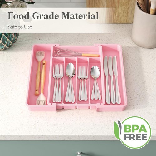 Lifewit Expandable Silverware Organizer - BPA-Free Utensil Tray for Kitchen | Adjustable 8.5"-14.1" x 12.1", Pink