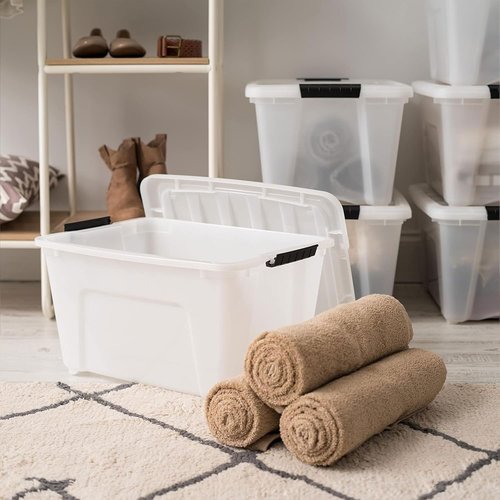 IRIS USA Stackable Storage Bins - 32 Quart Plastic Containers with Latching Lids | 8 Pack, Pearl Color