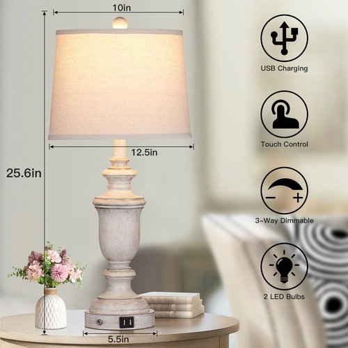 Cinkeda Farmhouse Table Lamps Set of 2 with USB Charging Port for Rustic Living Room Retro Bedroom,3-Way Dimmable Touch Lamp Resin Bedside Lamps for Nightstand Side End Table,Color 2