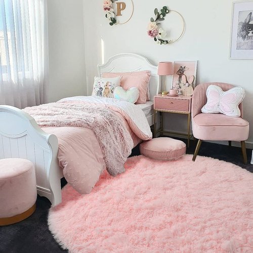Amdrebio Pink Round Area Rugs 8Ft for Living Room, Bedroom Decor, Soft Large Circle Rug for Kids Room, Teen Girls, Fluffy Big Carpets for Baby Nursery, Dorm, Classroom, Cute Kawaii Princess Carpet