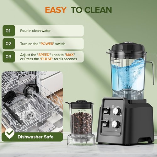 Blender - Skiennix 1400W Professional Self-Cleaning Blender for Smoothies & Ice Crushing | 68oz Jar, Black