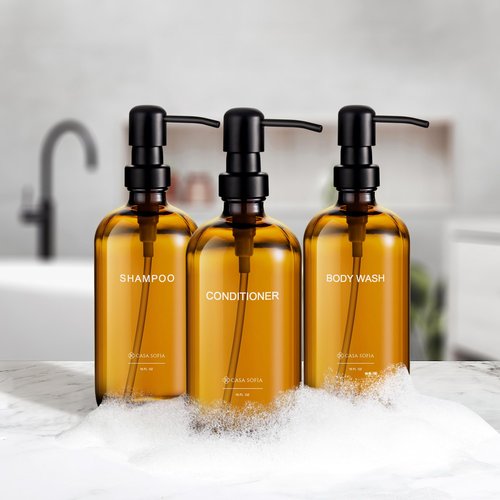 Casa Sofia Shampoo and Conditioner Dispenser | Refillable Shampoo Dispenser Bottles with Pump | Set of 3, 16 OZ Amber Glass Shower Soap Dispensers with Concrete Tray | Modern Bathroom Essentials