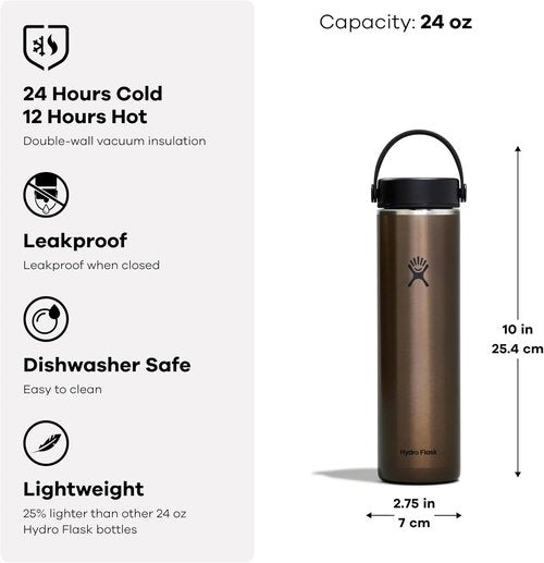Hydro Flask 24 Oz Hiking Water Bottle - Lightweight Trail Series with Wide Flex Cap | Obsidian