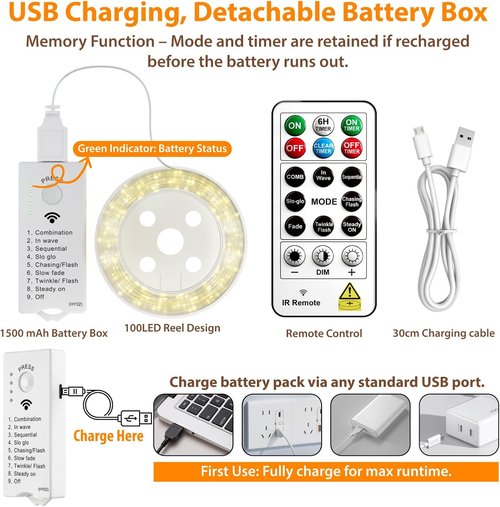 HXWEIYE Rechargeable Fairy Lights - 33ft 100LED Twinkle String Lights with Remote & Timer | Warm White Decor for Bedroom, Wedding, Party