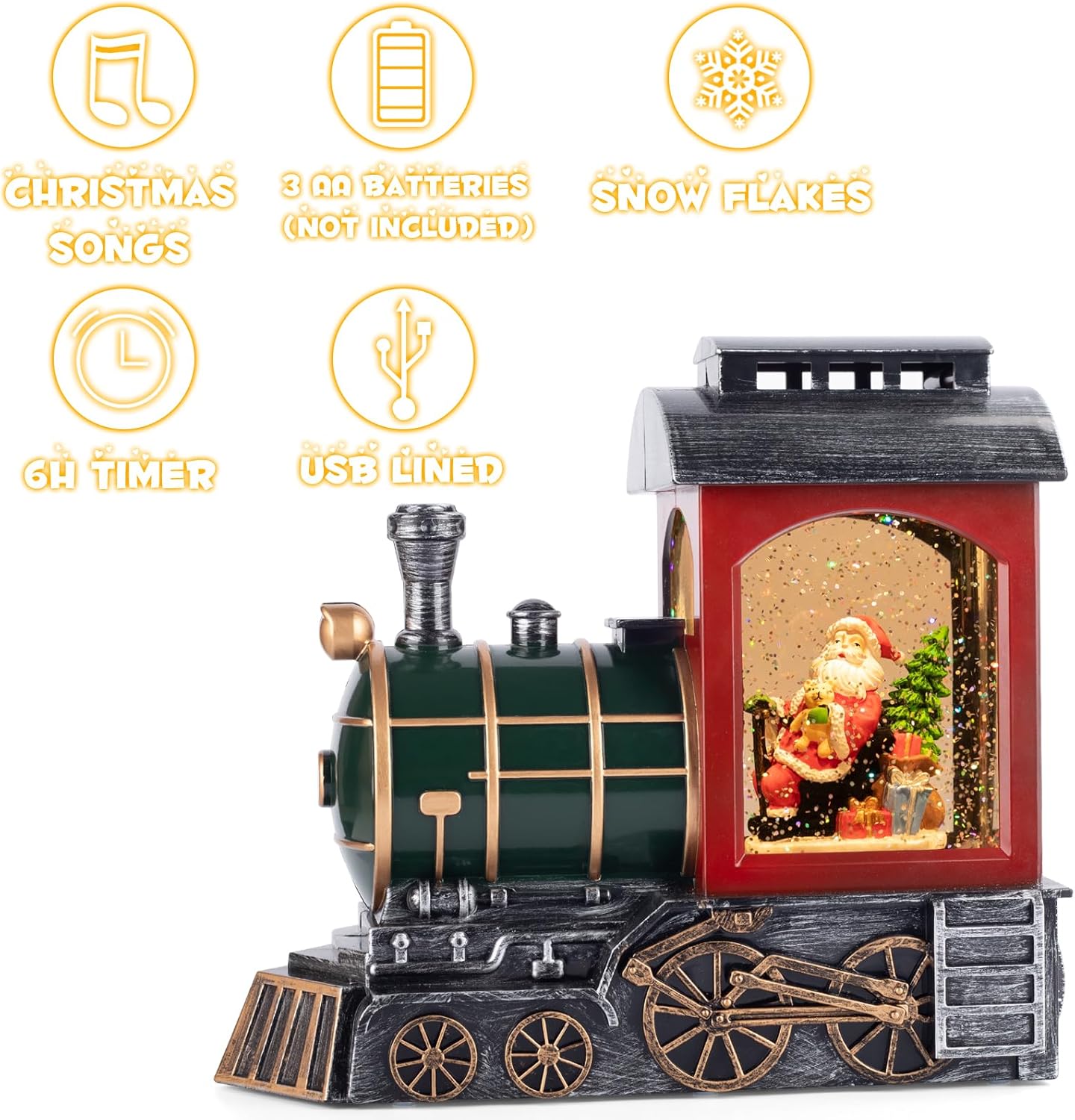Santa Red Train Christmas Snow Globe Lantern - Musical & Light-Up Holiday Décor | USB & Battery Operated, 6-Hour Timer