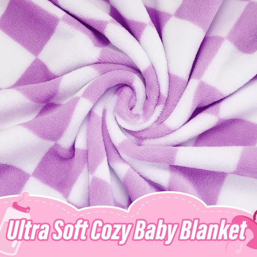 GreatBba Plush Checkered Baby Blanket for Boys Girls Nursery, 30"*40" Warm Short Fleece Blanket Neutral for Infant Newborn, Small Fuzzy for Sleeping, Chenille or Stroller (Purple&White)