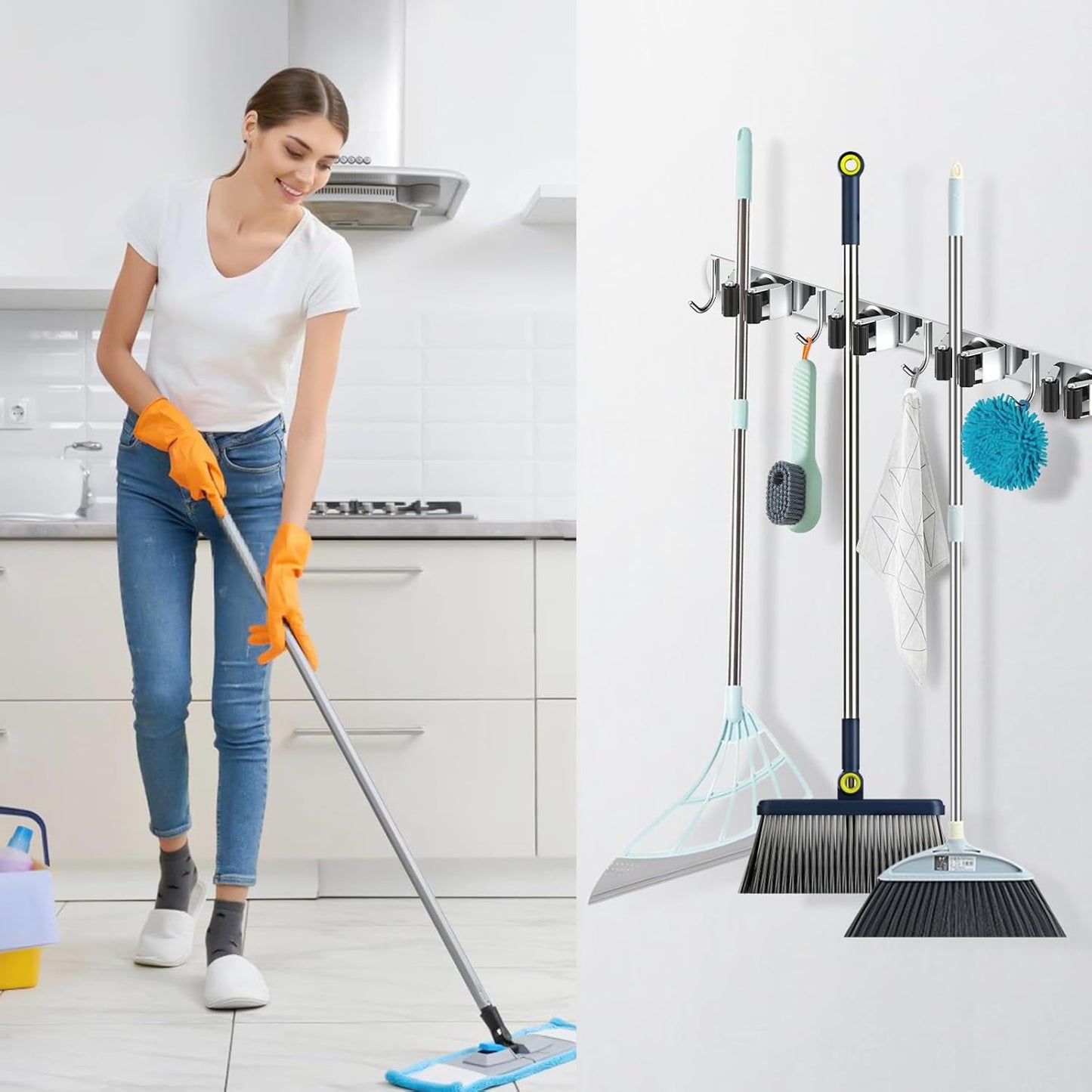 Nacena Broom Holder Wall Mount - Heavy Duty Stainless Steel Mop Hanger with 4 Racks & 5 Hooks | Silver