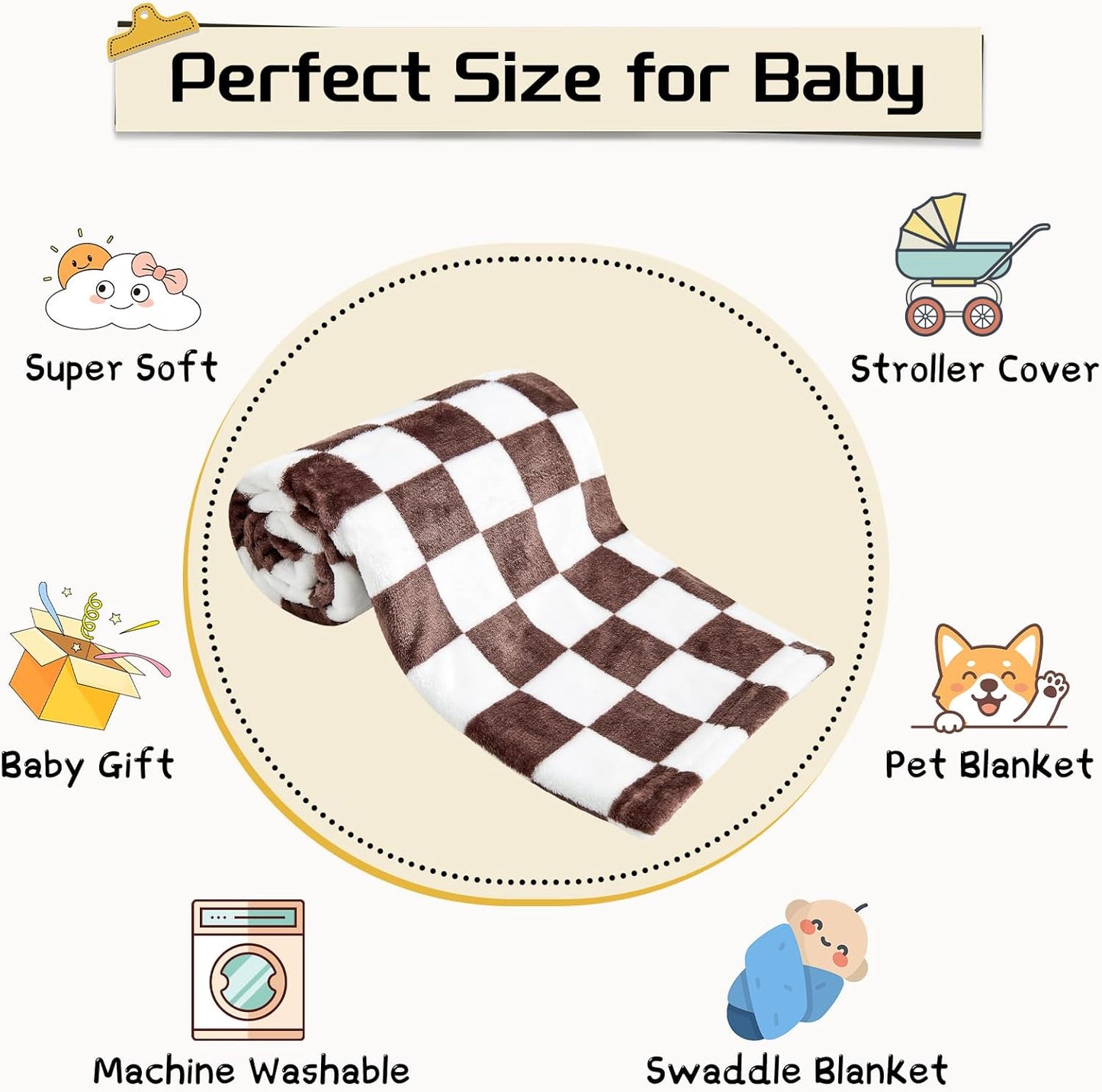 Yurhap Checkered Baby Blanket - Super Soft Fleece for Boys & Girls | 30x40 Inch, Brown