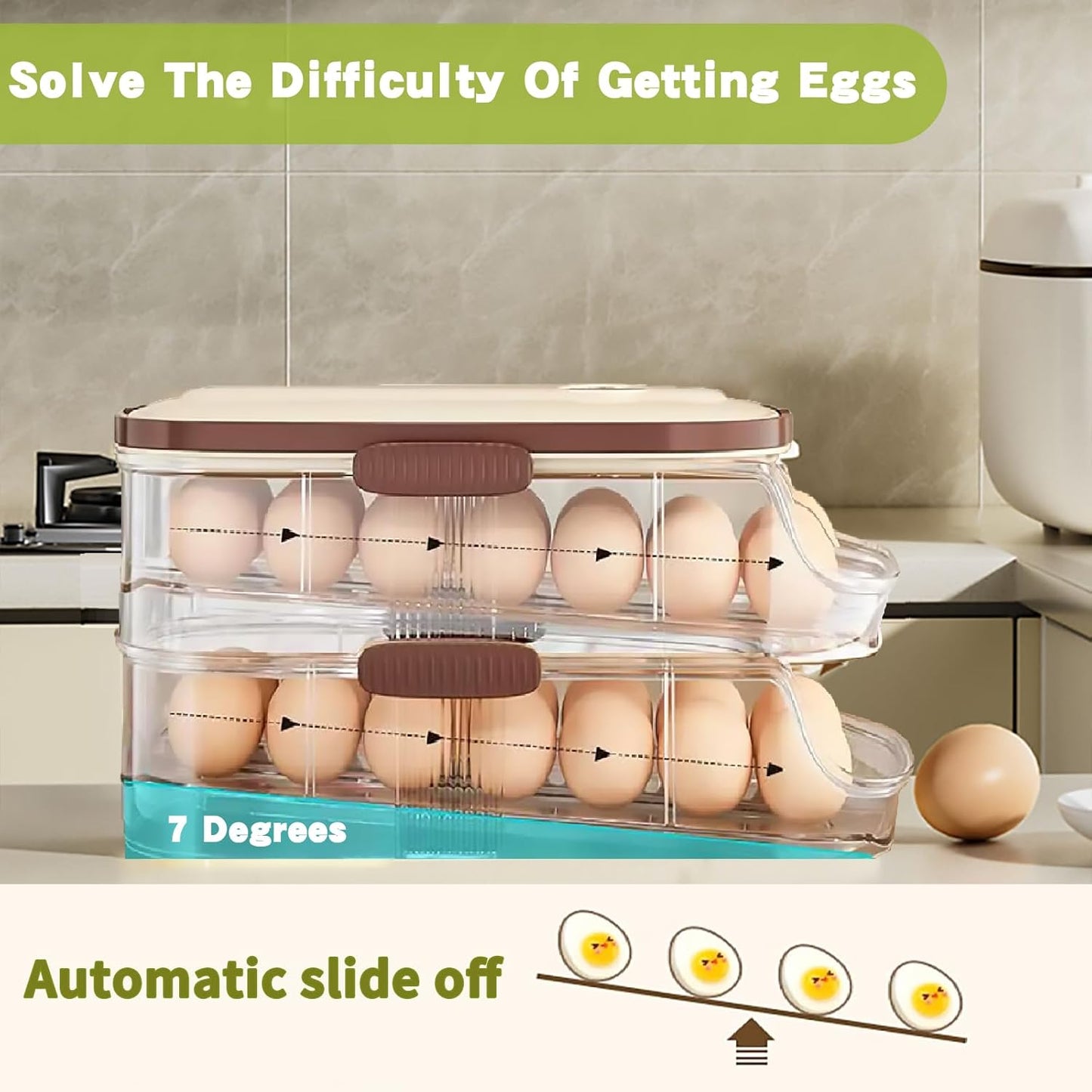 Skiennix Egg Holder - Automatic Rolling Egg Dispenser with Lid & Handle | Stackable for Fridge & Pantry Storage