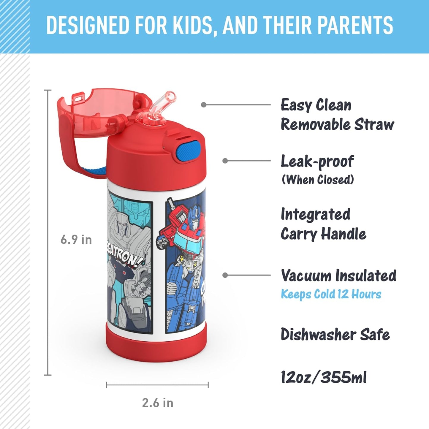 THERMOS FUNTAINER Water Bottle - 12 Ounce Kids Stainless Steel Vacuum Insulated with Straw | Transformers Design