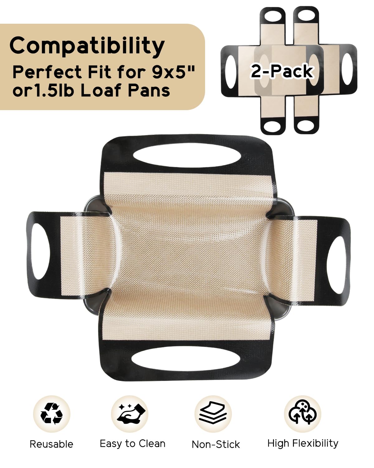 Reusable Silicone Bread Loaf Pan Liner, Food-Grade Silicone Bread Sling, Loaf Pan Lifters - Non-Stick & Easy Clean Dough Transfer Tool with 4 Handles - Best Fits 9x5" or 1.5lb Loaf Pans - Pack of 2