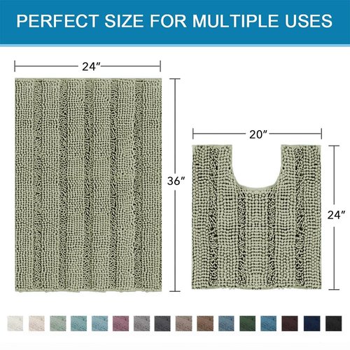 H.VERSAILTEX Bathroom Rug Sets 2 Piece Bath Mats Non Slip Thick Soft Chenille Striped Bath Rug achine Washable Shower Floor Rugs for Tub, Shower and Floor (Eucalyptus Green, 36"x24" Plus 20"x24" U)