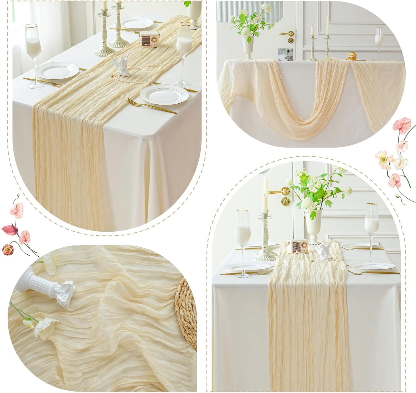 Sioloc Beige Cheesecloth Table Runner - Soft Boho Decor for Weddings & Events | 120'' x 35''