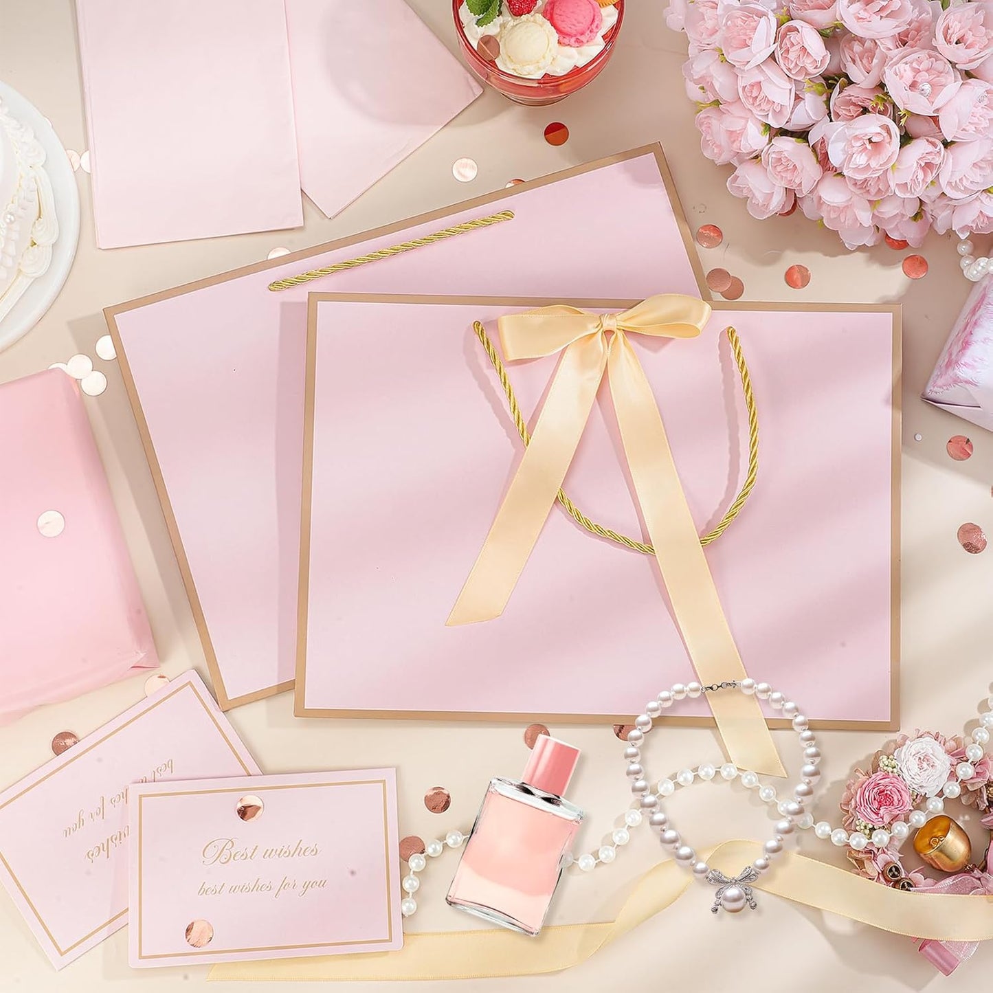 woric Pink Gift Bags with Handles, 14" Medium Gift Bags with Tissue Paper, 2 Pcs Pink Bags with 4 Tissue Paper and 2 Cards for Baby Shower Wedding Bridal Shower Mother's Day Birthday Party