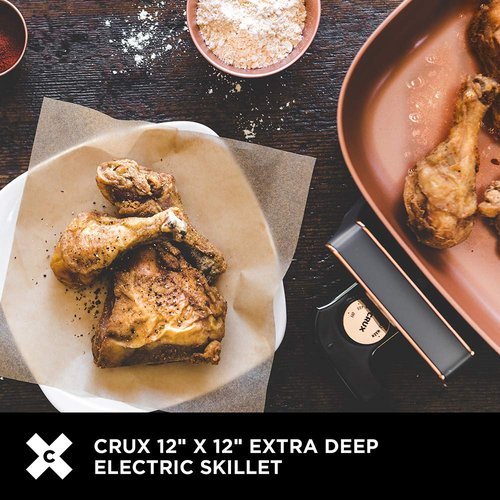 CRUX Electric Skillet with Glass Lid - Nonstick Scratch Resistant Ceramic Pan, Extra Deep with Removable Temperature Probe, 12" x 12", 1200 Watts, PFOA & PTFE Free