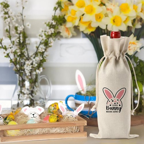Funny Easter Wine Bag Pink Bunny Ears Decorations Easter Basket Easter Holiday Gifts for Women Men Easter Wine Bag Gifts for Wine Lover Easter Party Decorations