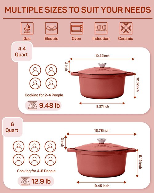 Ciwete Enameled Cast Iron Dutch Oven - 4.4 Quart Heavy-Duty Pot with Lid & Potholders - Ideal for Baking, Braising & Roasting - Oven Safe up to 500°F - Red