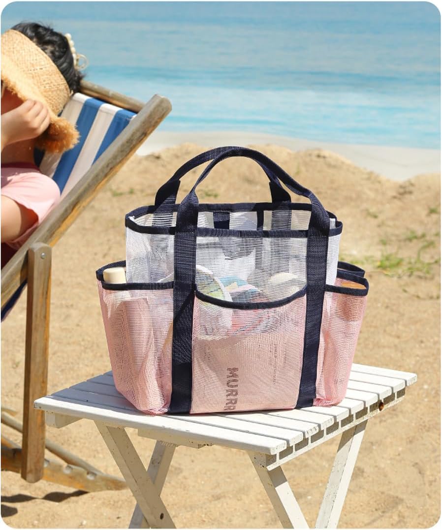 NAJIAKA Portable Mesh Shower Caddy Bag - Pink Organizer with 8 Pockets for College, Beach, Gym & Travel