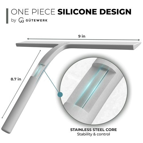 GÜTEWERK Silicone Shower Squeegee for Glass Doors & Mirrors with Stainless Steel Core, Streak-Free & No-Squeak Window Cleaning, 3-in-1 No-Drill Mount (Hook/Suction/Adhesive),White, 9 Inches