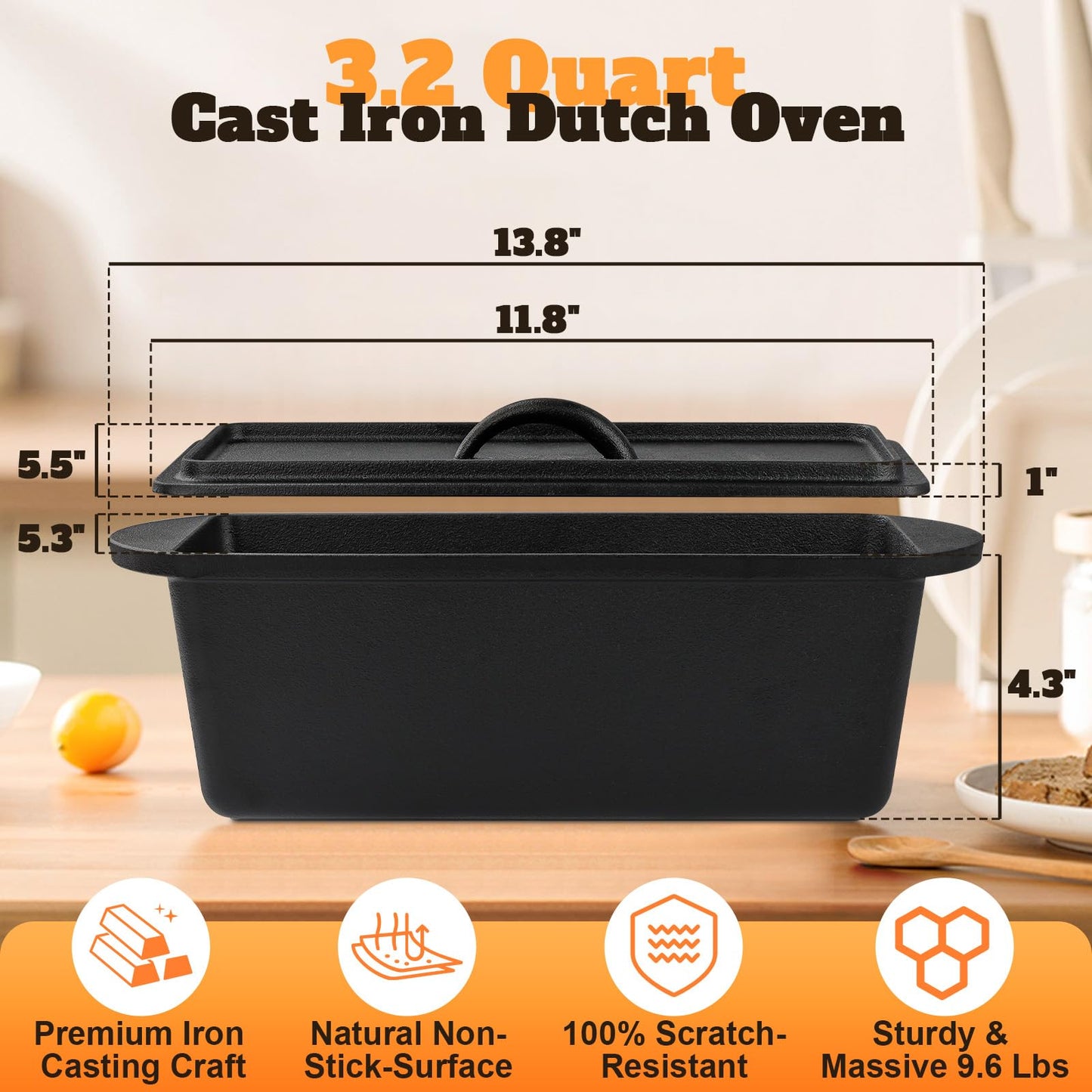 Rectangular Cast Iron Dutch Oven for Bread Baking, Cast Iron Sourdough Bread Pan with Lid Handles Lame, Even Heat Bread Baking Pan for Homemade Bread Cake Meatloaf, 3.2QT