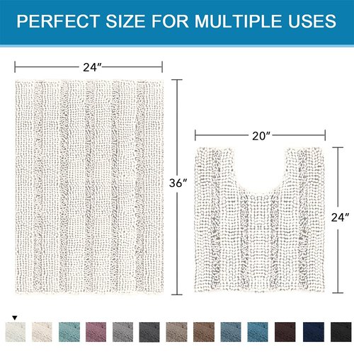 H.VERSAILTEX Bathroom Rugs Bath Rug Set 2 Piece Bathroom Contour Rug Toilet Mat Sets Non Slip Contour Bath Rug Ultra Thick Water Absorbent Striped Bath Mats Washable(36" x 24" Plus 20" x 24" U, Ivory)