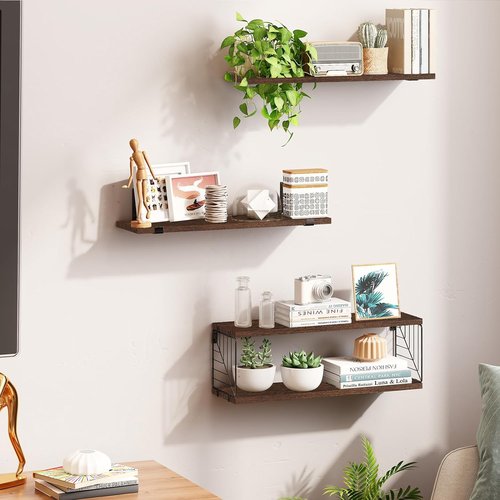 Fixwal Floating Bathroom Shelves - Rustic 15.8in Wood Wall Decor for Bathroom, Living Room & Kitchen | Dark Brown