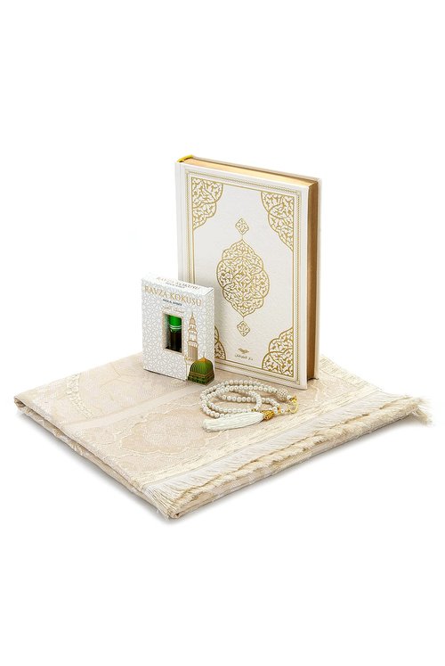 ihvan online Prayer Gift Box for Hajj and Umrah, Muslim Prayer Rug, Islamic Mat, 99 Pearly Prayer Beads Tesbih, Holy Quran, Islamic Deluxe Set for Ramadan & Eid Gift, White/Set 2