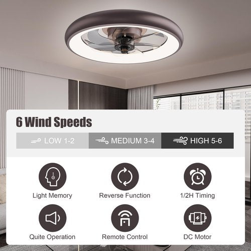 Ceiling Fans with Lights and Remote, Low Profile Ceiling Fan with Lights, 20'' Flush Mount Ceiling Fan, Dimmable LED Ceiling Fan, 6 Speeds, Rustic Smart Ceiling Fan for Bedroom/Living Room/Kitchen