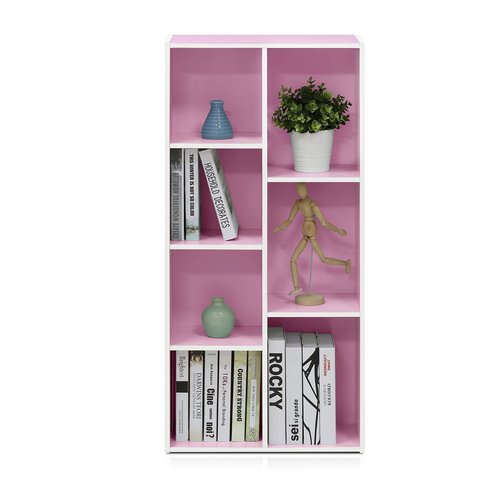 Furinno LUDER Book Shelf, 7-Cube Bookshelf, Bookcase with Open Shelves, 9.4 x 19.5 x 41.7, Easy Assembly, for Living Room, Bedroom, Home Office, White/Pink