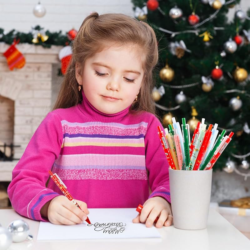 Christmas Gel Pens Set 30 Pcs - Retractable Ballpoint Pens with Santa, Snowman & Gifts